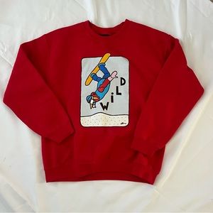 red snowboarding graphic crewneck sweatshirt